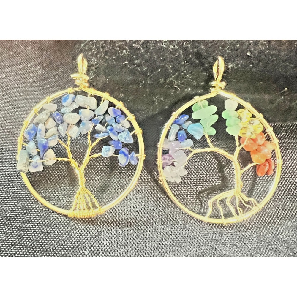 Set Of 2 Tree Of Life Wire Wrapped Gemstone Pendants Chakra Style